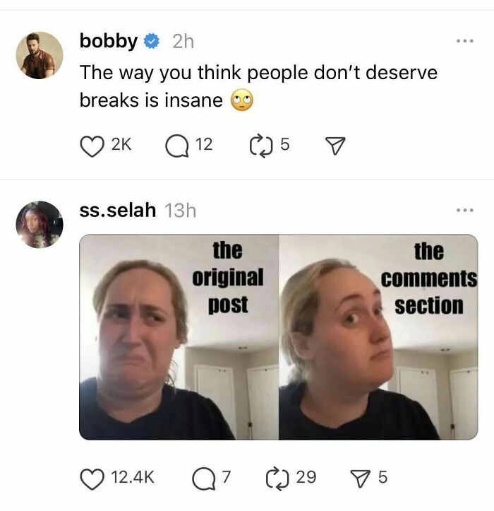 Social media post showing a reaction meme illustrating failed attempts in original posts versus comments section.