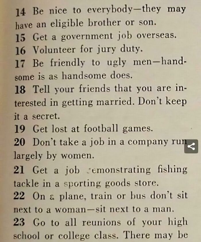 Vintage 1950s life advice list showing social and job-related tips capturing the essence of life in the 1950s.