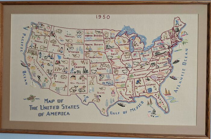 1950s embroidered map of the United States showing regional icons and life in the 1950s America.