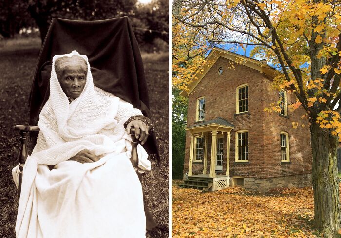 Portrait of Harriet Tubman seated outdoors beside a historic brick home surrounded by autumn leaves, showcasing America’s architectural heritage.