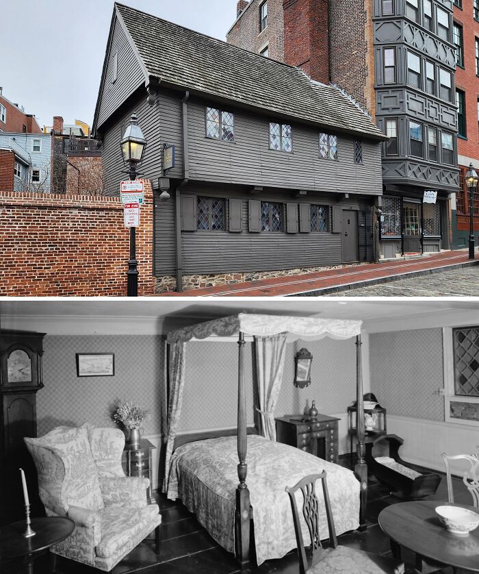 Historic home exterior with traditional architecture and interior featuring a vintage bedroom setup and antique furnishings.