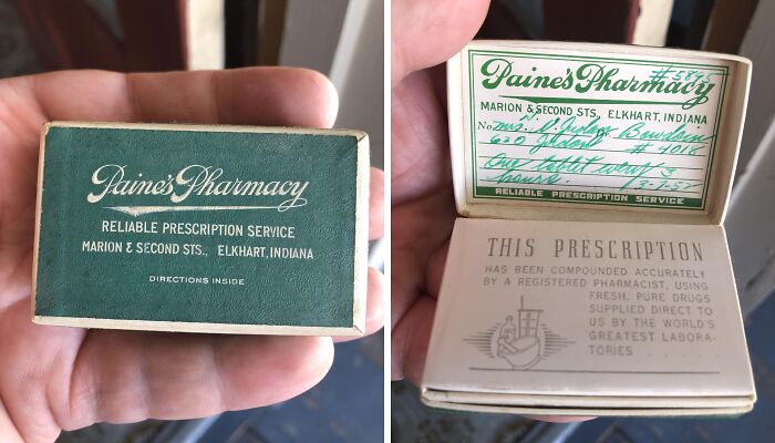 Vintage Paine’s Pharmacy prescription booklet from the 1950s showing old handwritten medical instructions.