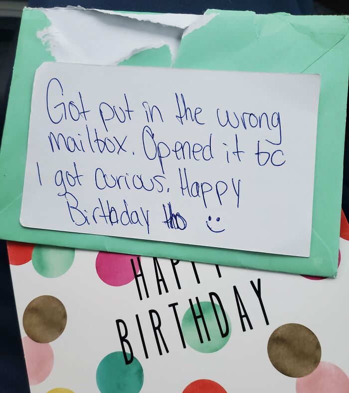 Handwritten neighbor note about opening the wrong mailbox with a birthday card, showcasing unhinged neighbors’ notes humor.