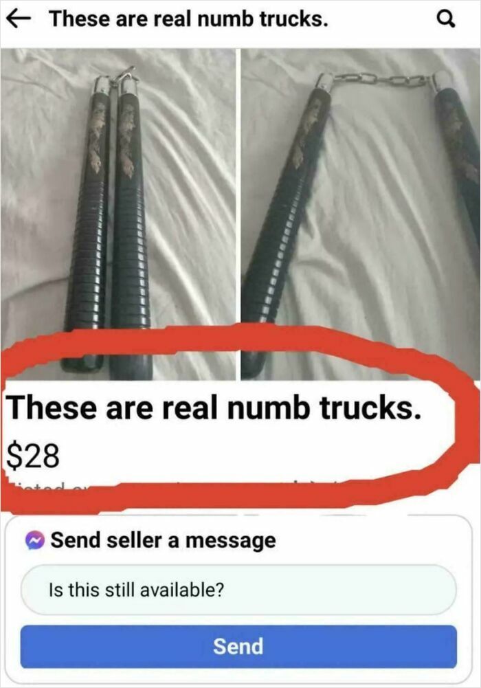 A humorous typo listing nunchucks as numb trucks, highlighting funny typos that might question people's intelligence.