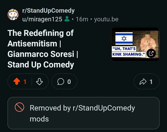 Screenshot of a Reddit post removed for failed attempt at comedy in a stand-up segment.