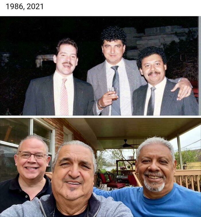 Three friends smiling in wholesome photos capturing their life journey from 1986 to 2021, reunited and happy together.