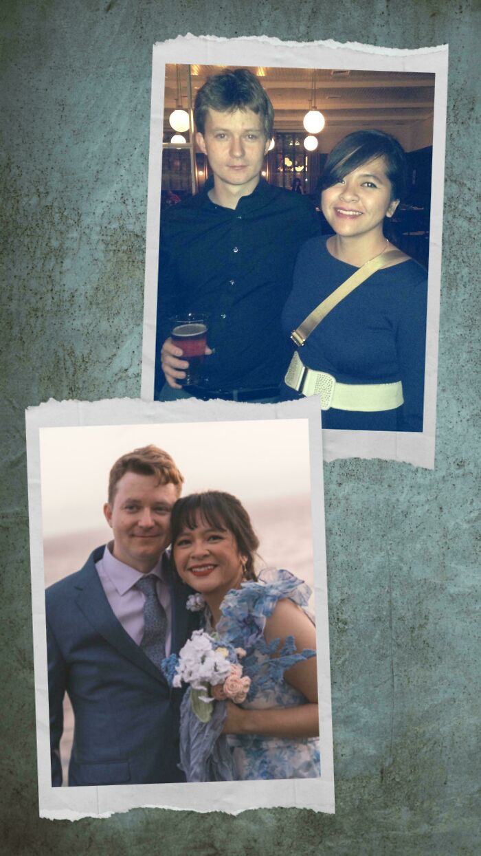 Couple comparison pics showing same love through different decades with changes in style and setting.