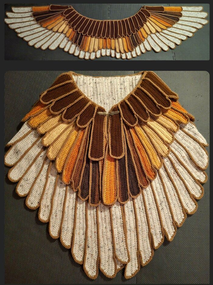 Crochet feathers in shades of brown and cream arranged to form an intricate wearable bird wing shawl.