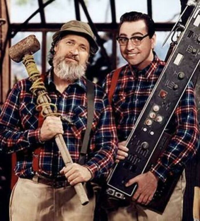 90s nostalgic memes of two men dressed as lumberjacks holding a mallet and an old keyboard