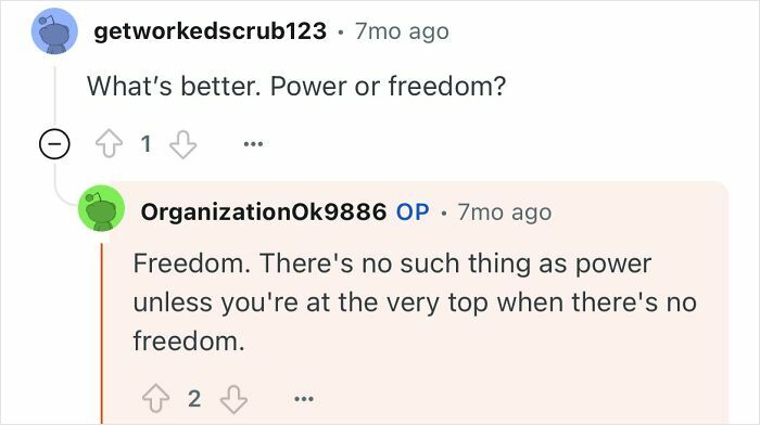 Screenshot of an online discussion where a user asks about power versus freedom referencing a North Korea escapee.