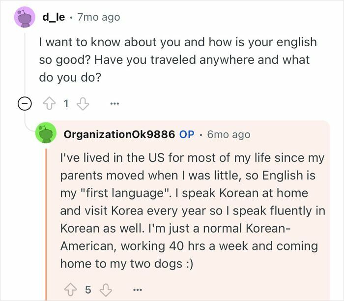 Conversation screenshot where a grandfather who escaped North Korea discusses his life and language experiences online.