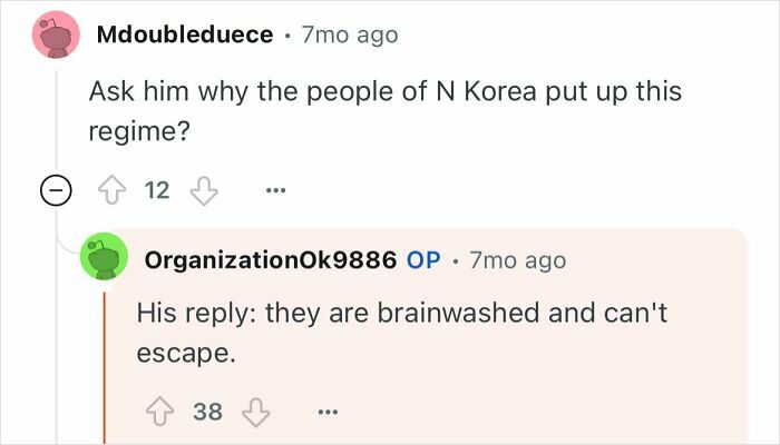 Reddit comments discussing the life of a grandfather who escaped North Korea and the regime’s control over its people.