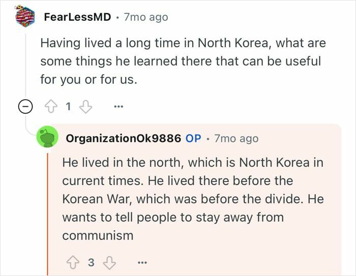Screenshot of an online discussion where a user asks a North Korea escapee about life lessons from his experience.