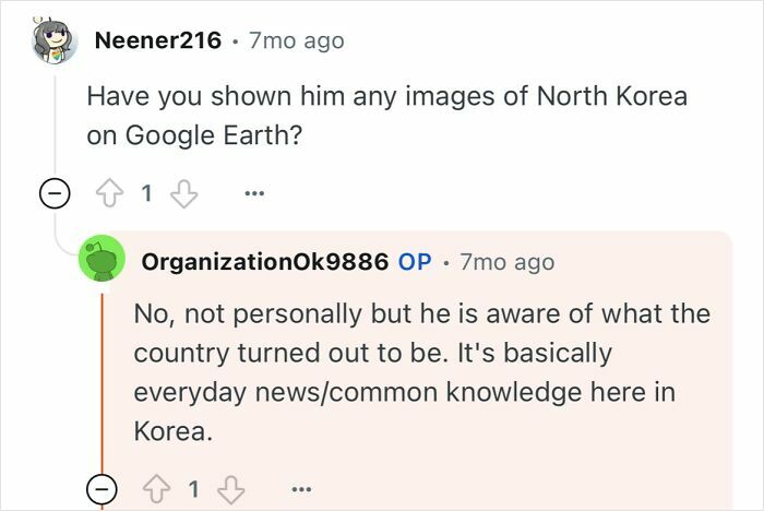Screenshot of an online discussion about a grandfather who escaped North Korea sharing his life experiences.