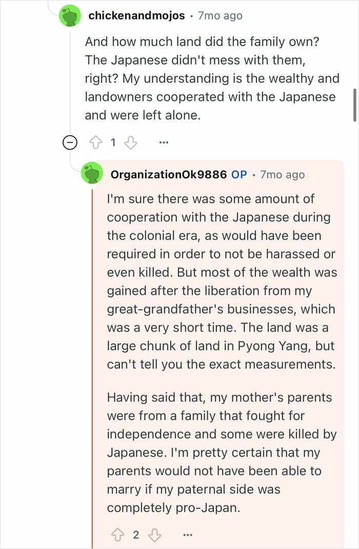 Reddit user responds to questions about family land and history during Japanese colonial era in North Korea escape story thread.