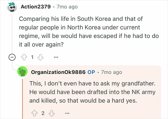 Online discussion about a grandfather who escaped North Korea sharing insights on his life and experiences.