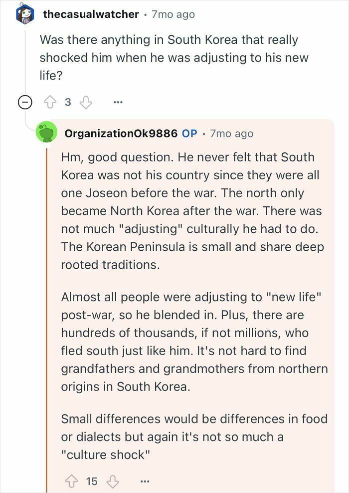 Reddit conversation discussing a grandfather who escaped North Korea and his experience adjusting to life in South Korea.