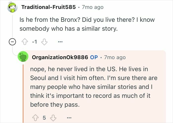 Reddit conversation about a grandfather who escaped North Korea sharing important life stories before he passes.