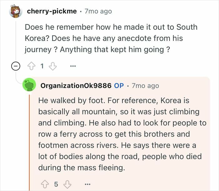 Comment discussing a grandfather who escaped North Korea, sharing details about his difficult journey on foot and across rivers.