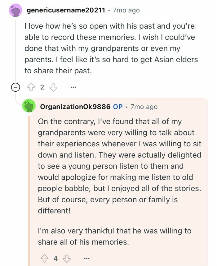 Comments discussing a grandfather who escaped North Korea sharing his life experiences and memories with younger generations.