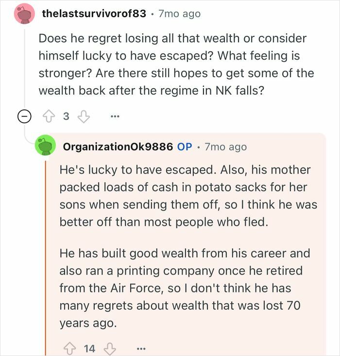 Reddit discussion about a grandfather who escaped North Korea, sharing insights on his life and lost wealth.
