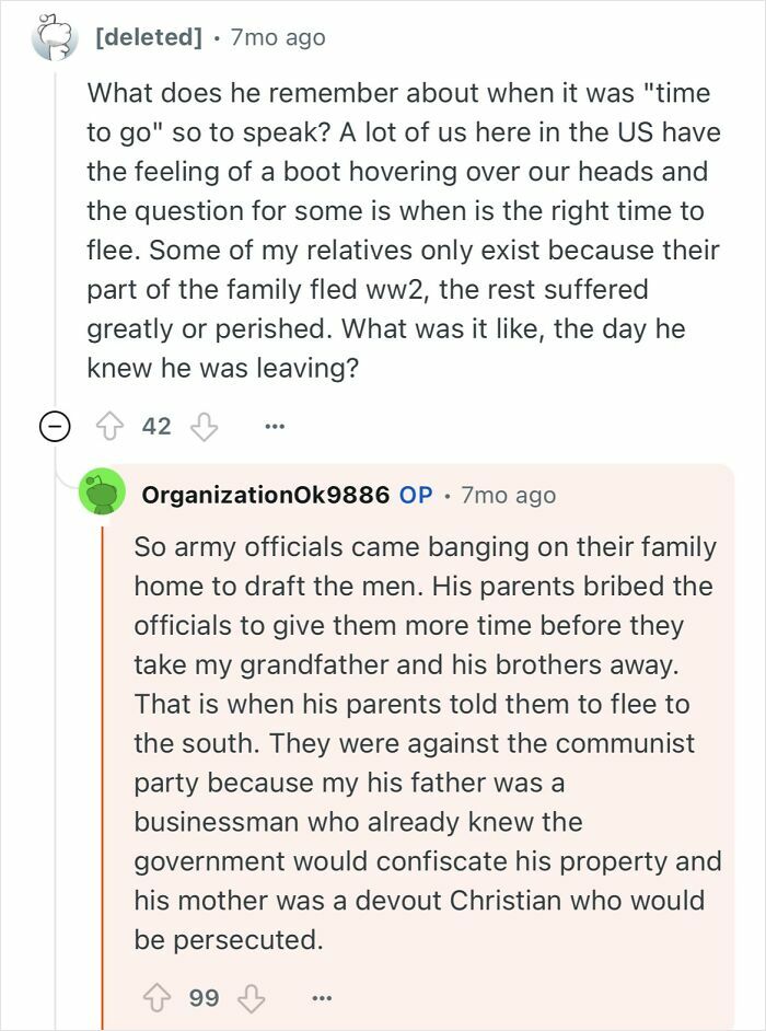 Reddit conversation discussing a North Korean grandfather’s escape and life under communist persecution.