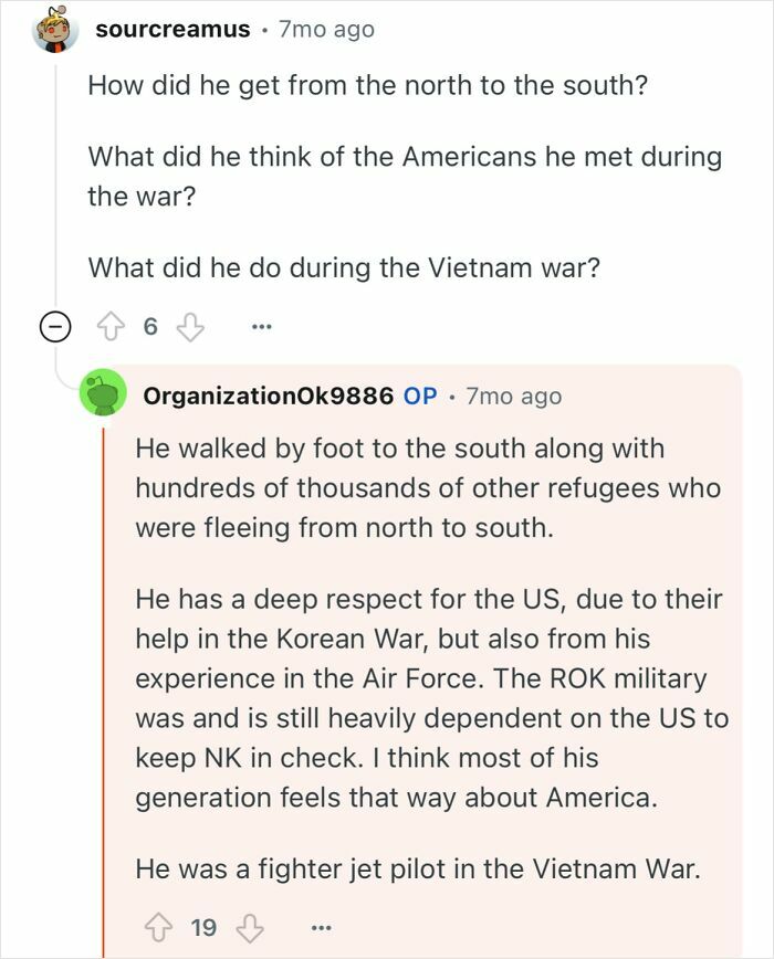 Reddit conversation about a grandfather who escaped North Korea and his experiences during war and as a pilot.