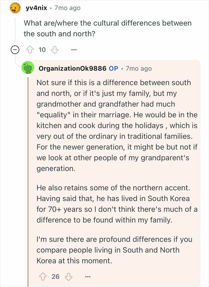 Reddit user discusses cultural differences and family life of a grandfather who escaped North Korea and his experiences.