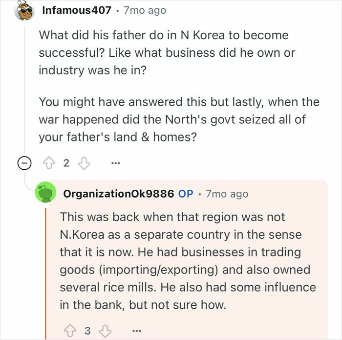 Reddit user asks a grandfather who escaped North Korea about his father's business and land seizure during the war.
