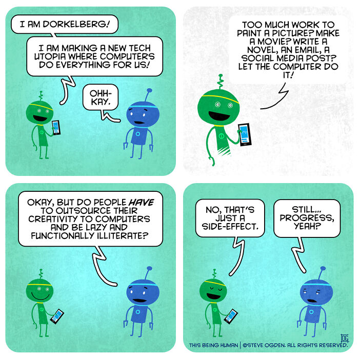 Comic strip blending existential themes and lighthearted fun with robots discussing technology and creativity.