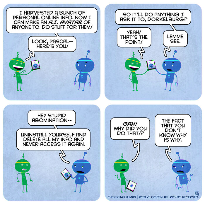 Comic panels featuring robots humorously exploring existential themes with lighthearted fun using AI avatars and identity questions.