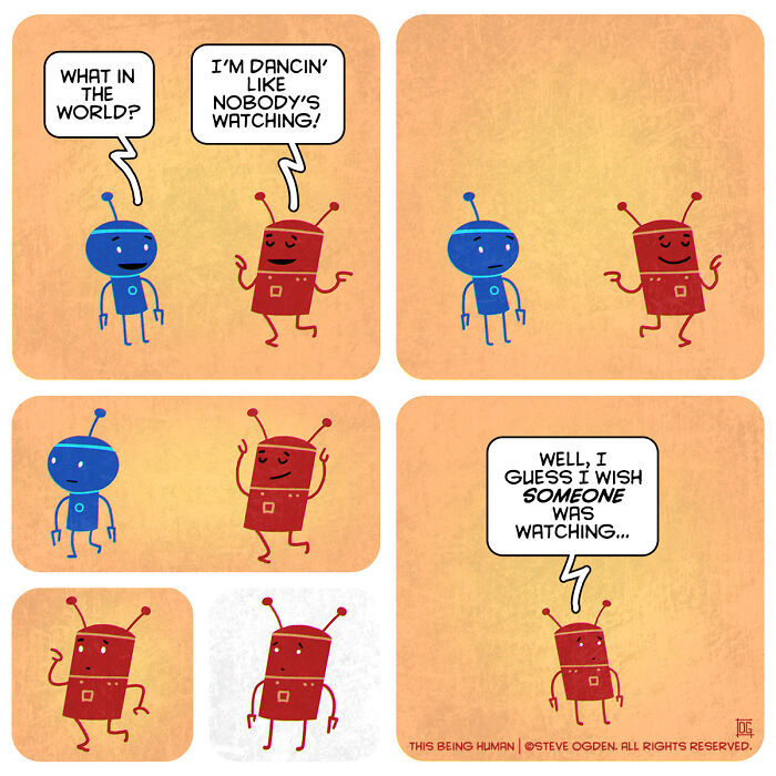 Two robots in a comic strip exploring existential themes with lighthearted humor about dancing and being watched.