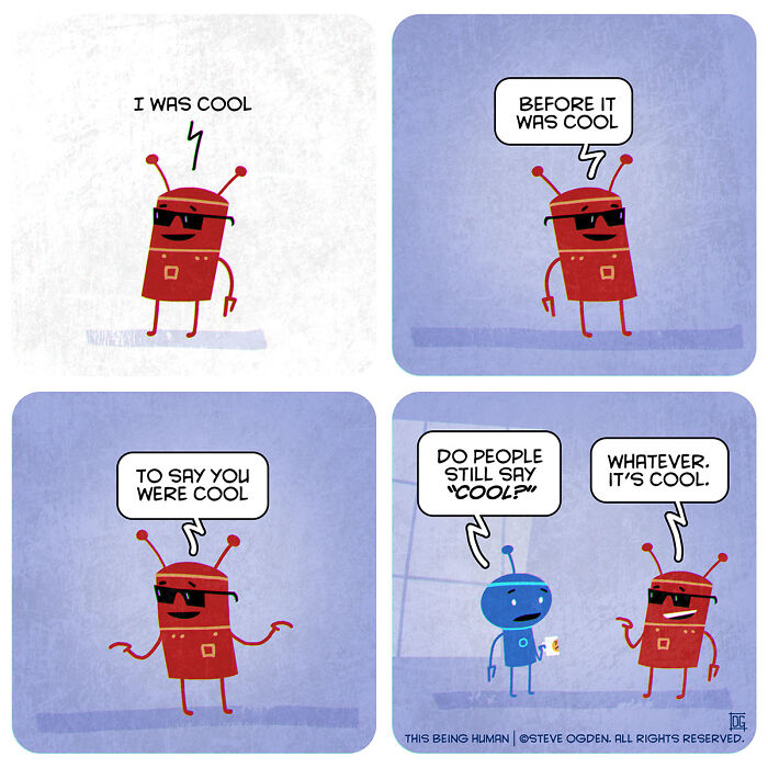 Four-panel comic with robots debating the meaning and relevance of being cool, blending existential themes and lighthearted fun.