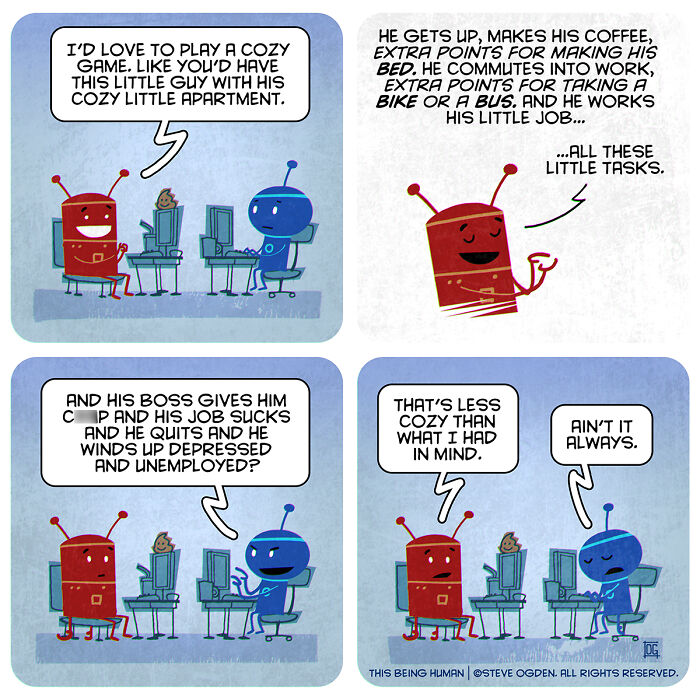 Two robots discuss existential themes and lighthearted fun in a thought-provoking comic strip about daily life.