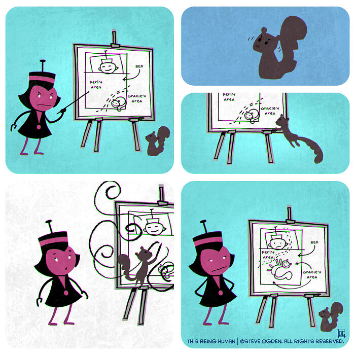 Comic panels featuring a character and a squirrel, blending existential themes with lighthearted fun in a humorous scene.
