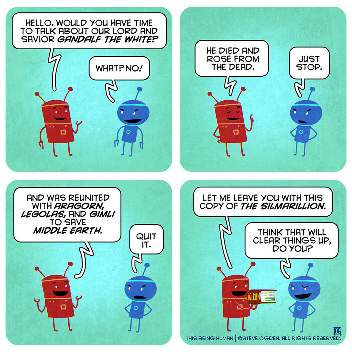 Comic strip featuring robots blending existential themes with lighthearted fun discussing fantasy lore in a humorous way.