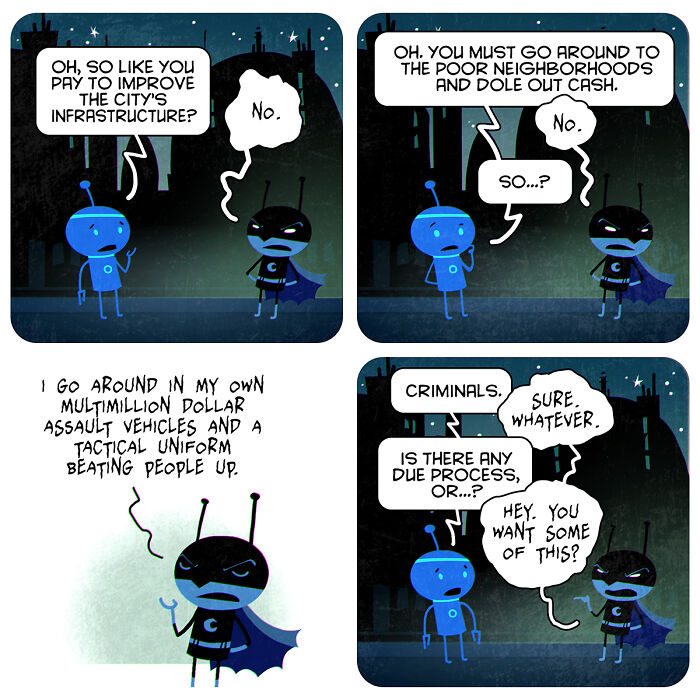 Comic panels depicting existential themes with lighthearted characters discussing justice and power in a playful style.