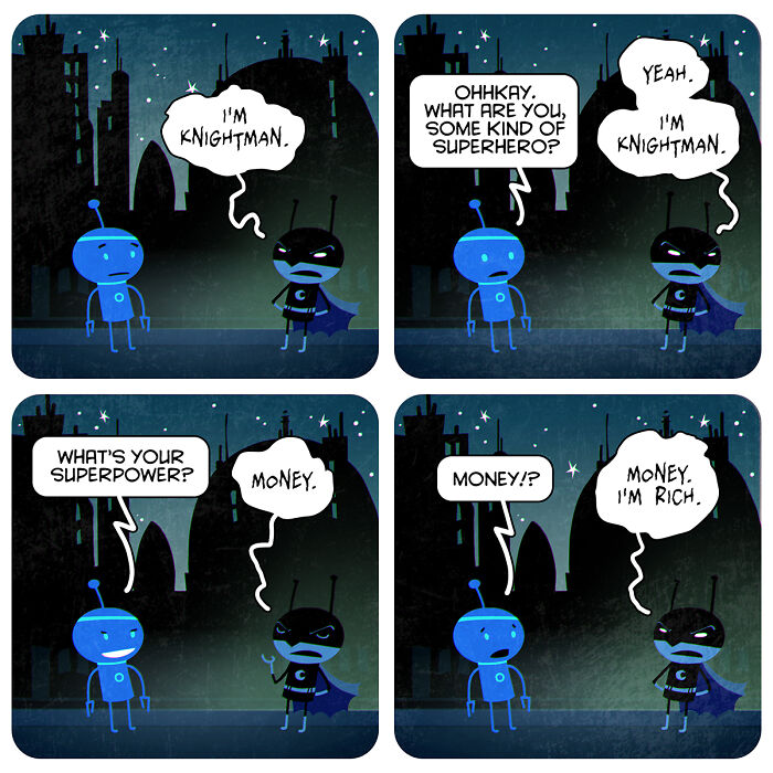 Comic strip featuring existential themes with lighthearted fun showing two robots discussing superhero identity and superpowers.