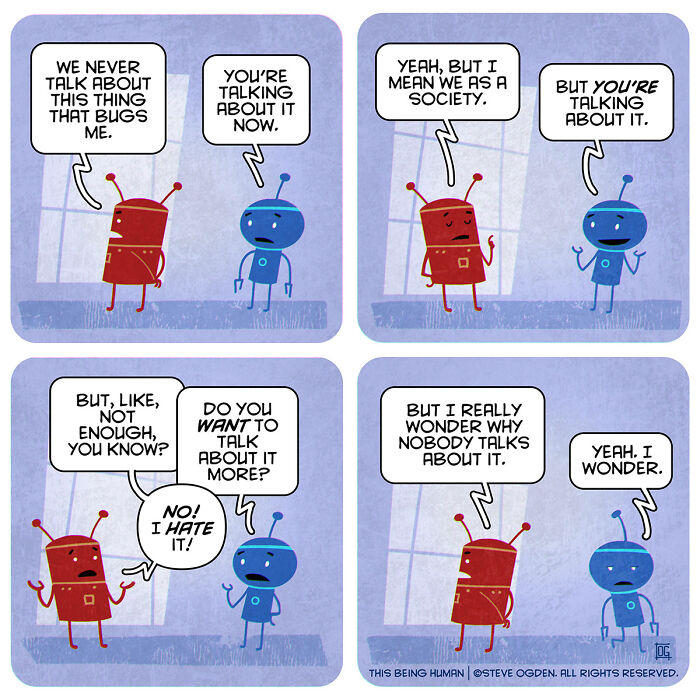 Two cartoon robots in a thought-provoking comic discussing existential themes with lighthearted fun in four panels.