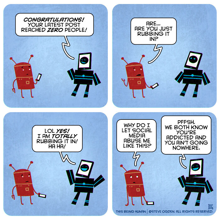 Two robots in a comic strip discuss social media a***e blending existential themes with lighthearted fun.