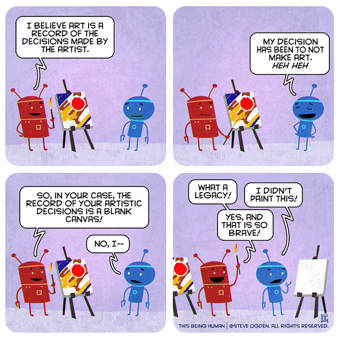 Two robots engage in a thought-provoking comic about art and existential themes with lighthearted fun.