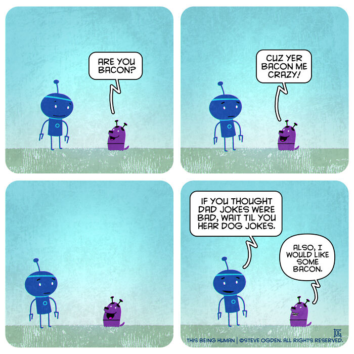 Comic strip featuring characters sharing dad jokes with a lighthearted tone, blending existential themes and fun.