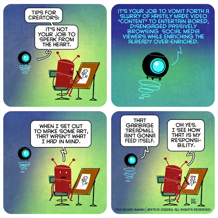 Comic strip blending existential themes with lighthearted fun featuring a robot and a floating eye discussing creativity.