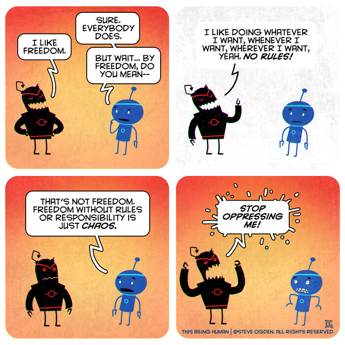 Two cartoon robots discuss the meaning of freedom in a thought-provoking comic blending existential themes and fun.