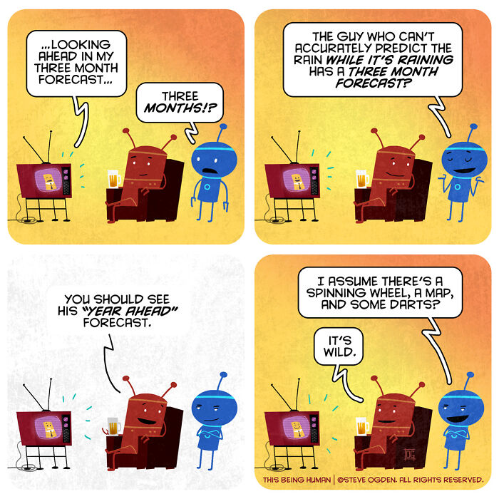 Two robots discuss inaccurate weather forecasts in a thought-provoking comic blending existential themes and lighthearted fun.