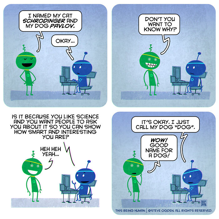 Existential-themed comic shows two characters humorously discussing pet names blending science and lighthearted fun.
