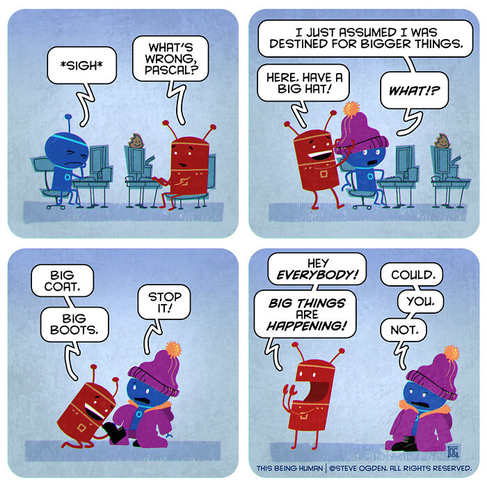 Comic strip featuring robots blending existential themes and lighthearted fun with dialogue about destiny and big things.