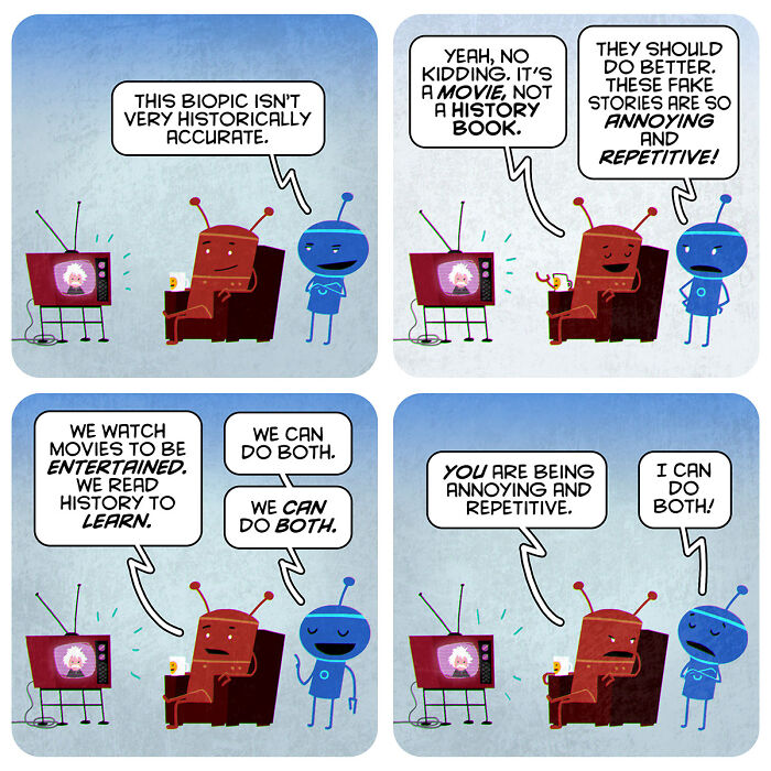 Two cartoon aliens discussing movies and history in a thought-provoking comic blending existential themes and lighthearted fun.