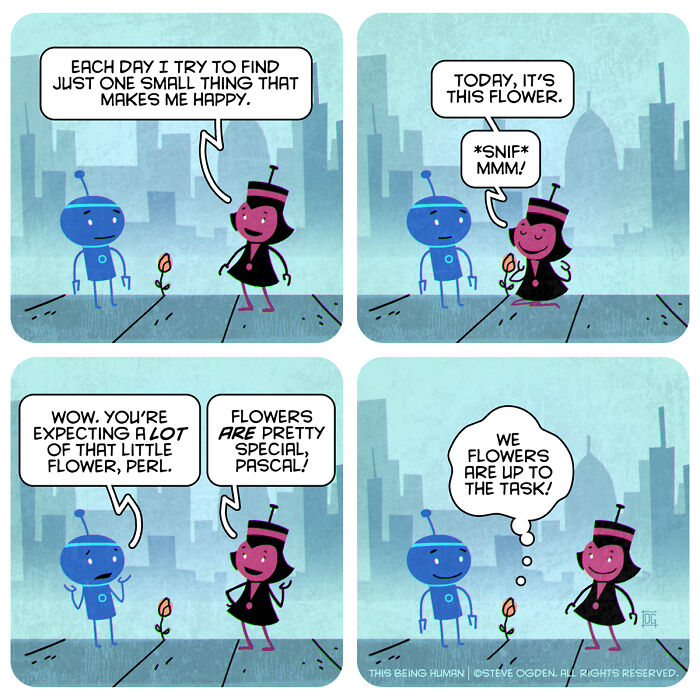 Two robots in a comic discussing finding happiness in a flower, blending existential themes with lighthearted fun.