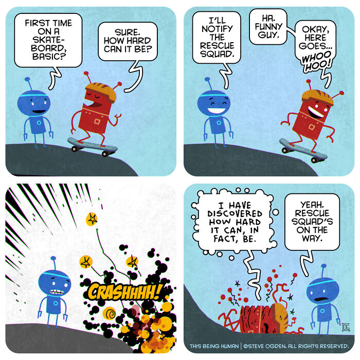 Two robots in a comic strip explore skateboarding, blending existential themes with lighthearted fun and humor.